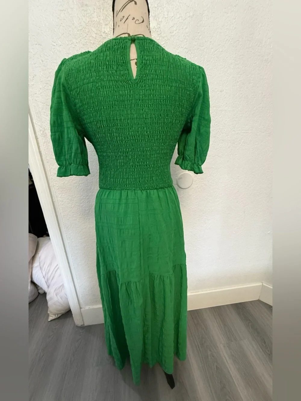 Boho Green Smocked Maxi Dress - Puff Sleeve Tiered Long Dress - Size S - Picture 12 of 15